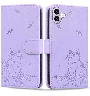 For iPhone 16 Plus Cute Cat Embossed Leather Phone Case(Purple)