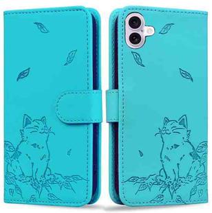 For iPhone 16 Plus Cute Cat Embossed Leather Phone Case(Lake Blue)