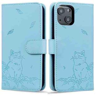 For iPhone 15 Plus Cute Cat Embossed Leather Phone Case(Sky Blue)