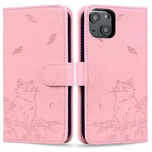 For iPhone 15 Cute Cat Embossed Leather Phone Case(Pink)