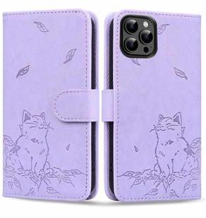 For iPhone 14 Pro Cute Cat Embossed Leather Phone Case(Purple)