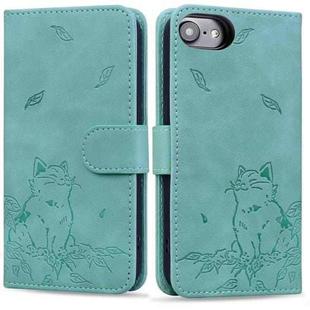 For iPhone 7 / 8 / SE 2022 Cute Cat Embossed Leather Phone Case(Green)