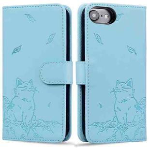 For iPhone 7 / 8 / SE 2022 Cute Cat Embossed Leather Phone Case(Sky Blue)