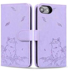 For iPhone 7 / 8 / SE 2022 Cute Cat Embossed Leather Phone Case(Purple)