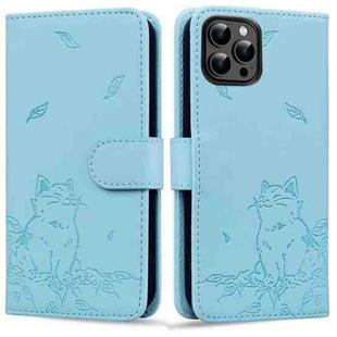 For iPhone 13 Pro Max Cute Cat Embossed Leather Phone Case(Sky Blue)