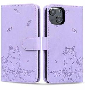 For iPhone 13 mini Cute Cat Embossed Leather Phone Case(Purple)