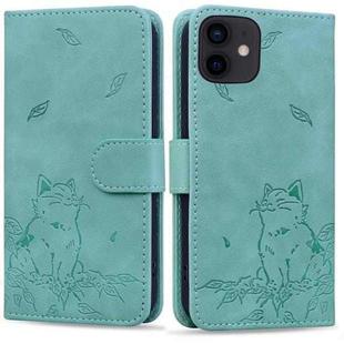 For iPhone 12 / 12 Pro Cute Cat Embossed Leather Phone Case(Green)