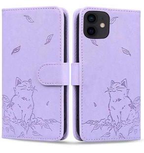 For iPhone 12 / 12 Pro Cute Cat Embossed Leather Phone Case(Purple)