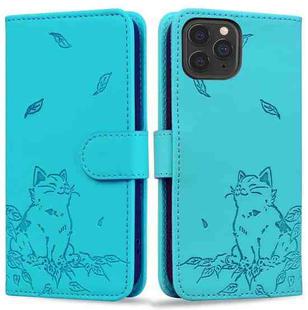 For iPhone 12 Pro Max Cute Cat Embossed Leather Phone Case(Lake Blue)