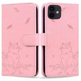 For iPhone 12 mini Cute Cat Embossed Leather Phone Case(Pink)