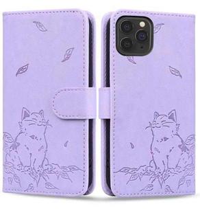 For iPhone 11 Pro Max Cute Cat Embossed Leather Phone Case(Purple)