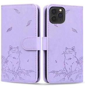 For iPhone 11 Pro Cute Cat Embossed Leather Phone Case(Purple)
