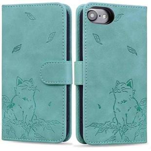 For iPhone SE 2024 Cute Cat Embossed Leather Phone Case(Green)