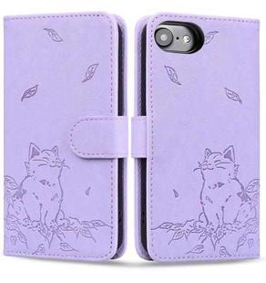 For iPhone SE 2024 Cute Cat Embossed Leather Phone Case(Purple)