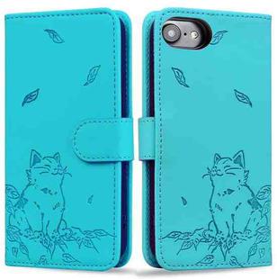 For iPhone SE 2024 Cute Cat Embossed Leather Phone Case(Lake Blue)