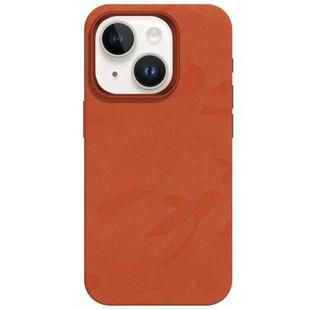 For iPhone 14 Camouflage Ice Feel Texture MagSafe PU Hybrid PC Phone Case(Orange)