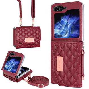 For Samsung Galaxy Z Flip6 VIETAO Rhombic Texture Wallet PU Phone Case with Long Lanyard(Red)