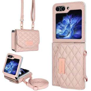 For Samsung Galaxy Z Flip5 VIETAO Rhombic Texture Wallet PU Phone Case with Long Lanyard(Pink)