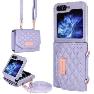 For Samsung Galaxy Z Flip5 VIETAO Rhombic Texture Wallet PU Phone Case with Long Lanyard(Purple)