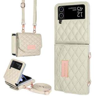 For Samsung Galaxy Z Flip4 VIETAO Rhombic Texture Wallet PU Phone Case with Long Lanyard(Beige)