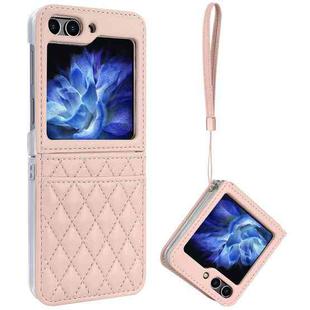 For Samsung Galaxy Z Flip5 VIETAO Rhombic Texture PU Card Slot Phone Case with Lanyard(Pink)