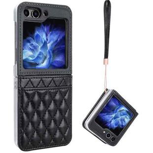 For Samsung Galaxy Z Flip5 VIETAO Rhombic Texture PU Card Slot Phone Case with Lanyard(Black)