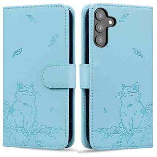 For Samsung Galaxy S24 5G Cute Cat Embossed Leather Phone Case(Sky Blue)