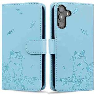 For Samsung Galaxy S24+ 5G Cute Cat Embossed Leather Phone Case(Sky Blue)