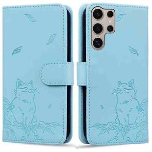 For Samsung Galaxy S24 Ultra 5G Cute Cat Embossed Leather Phone Case(Sky Blue)