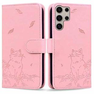 For Samsung Galaxy S24 Ultra 5G Cute Cat Embossed Leather Phone Case(Pink)