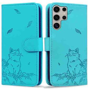 For Samsung Galaxy S24 Ultra 5G Cute Cat Embossed Leather Phone Case(Lake Blue)