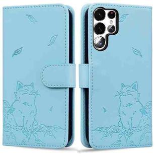For Samsung Galaxy S23 Ultra 5G Cute Cat Embossed Leather Phone Case(Sky Blue)