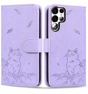 For Samsung Galaxy S23 Ultra 5G Cute Cat Embossed Leather Phone Case(Purple)