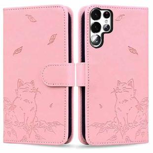 For Samsung Galaxy S23 Ultra 5G Cute Cat Embossed Leather Phone Case(Pink)
