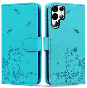 For Samsung Galaxy S23 Ultra 5G Cute Cat Embossed Leather Phone Case(Lake Blue)