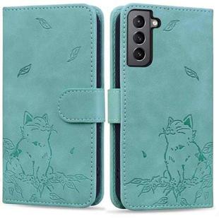 For Samsung Galaxy S22 5G Cute Cat Embossed Leather Phone Case(Green)