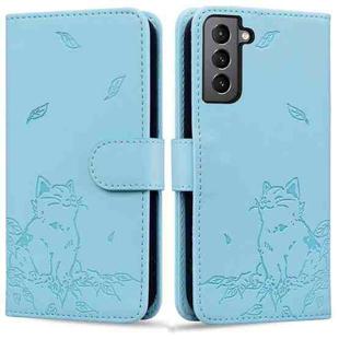 For Samsung Galaxy S22 5G Cute Cat Embossed Leather Phone Case(Sky Blue)