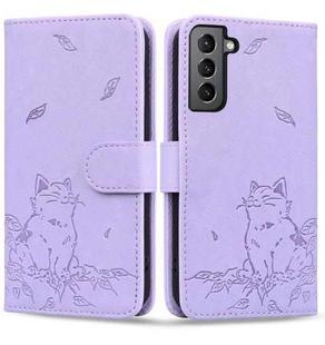 For Samsung Galaxy S22 5G Cute Cat Embossed Leather Phone Case(Purple)