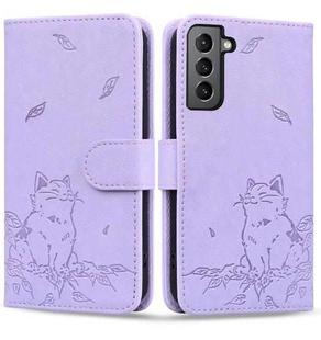 For Samsung Galaxy S22+ 5G Cute Cat Embossed Leather Phone Case(Purple)