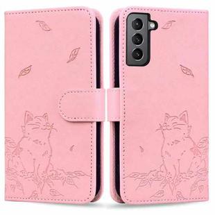 For Samsung Galaxy S22+ 5G Cute Cat Embossed Leather Phone Case(Pink)