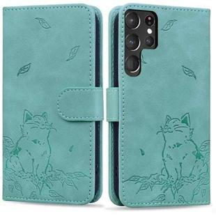 For Samsung Galaxy S22 Ultra 5G Cute Cat Embossed Leather Phone Case(Green)