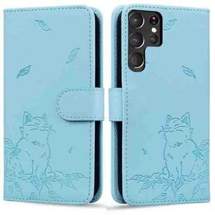 For Samsung Galaxy S22 Ultra 5G Cute Cat Embossed Leather Phone Case(Sky Blue)