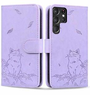 For Samsung Galaxy S22 Ultra 5G Cute Cat Embossed Leather Phone Case(Purple)