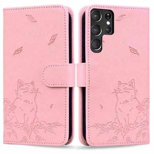 For Samsung Galaxy S22 Ultra 5G Cute Cat Embossed Leather Phone Case(Pink)