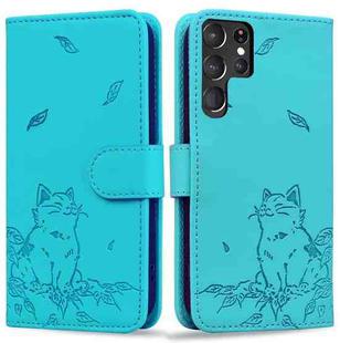 For Samsung Galaxy S22 Ultra 5G Cute Cat Embossed Leather Phone Case(Lake Blue)