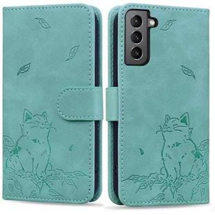 For Samsung Galaxy S21 5G Cute Cat Embossed Leather Phone Case(Green)