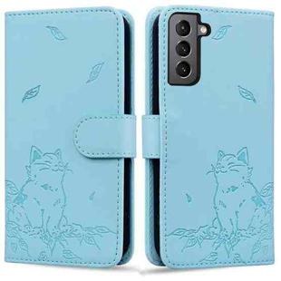 For Samsung Galaxy S21 5G Cute Cat Embossed Leather Phone Case(Sky Blue)