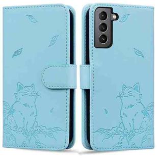 For Samsung Galaxy S21 FE 5G Cute Cat Embossed Leather Phone Case(Sky Blue)