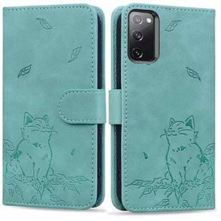 For Samsung Galaxy S20 FE Cute Cat Embossed Leather Phone Case(Green)