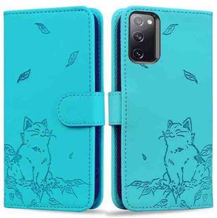 For Samsung Galaxy S20 FE Cute Cat Embossed Leather Phone Case(Lake Blue)